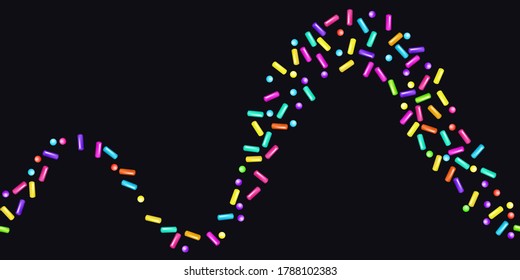 Sprinkle realistic with grains of desserts. Seamless pattern bright colorful sprinkles grainy isolated on black. Design for holiday designs, party, birthday, invitation. Vector 3d sweet confetti