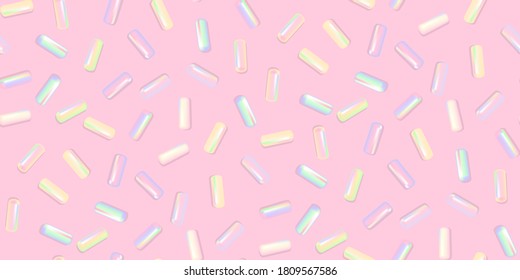 Sprinkle realistic with grains of desserts. Seamless pattern bright colorful sprinkles grainy isolated on pink. Design for holiday designs, party, birthday, invitation. Vector 3d sweet confetti