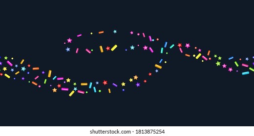 Sprinkle realistic with grains of desserts. Seamless pattern bright colorful sprinkles grainy isolated on black. Design for holiday designs, party, birthday, invitation. Vector 3d sweet confetti