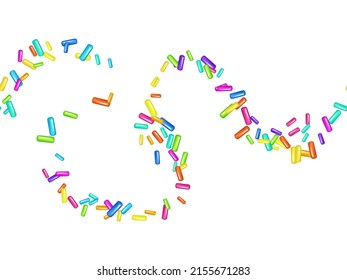 Sprinkle realistic with grains of desserts. Seamless pattern bright colorful sprinkles grainy isolated on white. Design for holiday designs, party, birthday, invitation. Vector 3d sweet confetti