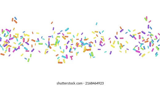 Sprinkle realistic with grains of desserts. Seamless pattern bright colorful sprinkles grainy isolated on white. Design for holiday designs, party, birthday, invitation. Vector 3d sweet confetti