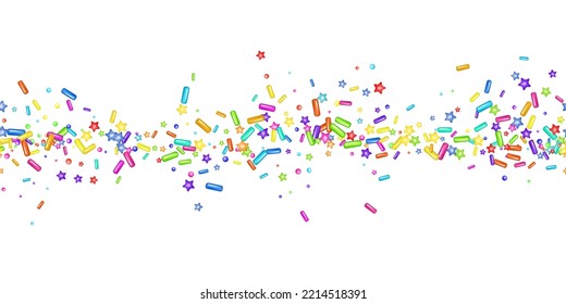 Sprinkle realistic with grains of desserts. Seamless pattern bright colorful sprinkles grainy isolated on white. Design for holiday designs, party, birthday, invitation. Vector 3d sweet confetti