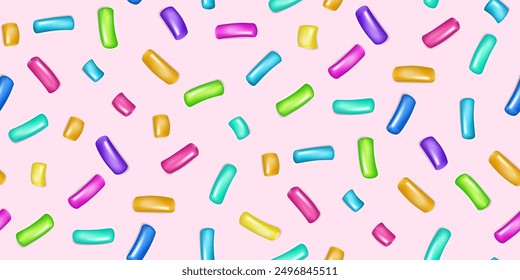 Sprinkle realistic with grains of desserts. Seamless pattern bright colorful sprinkles grainy isolated on pink. Design for holiday designs, party, birthday, invitation. Vector 3d sweet confetti