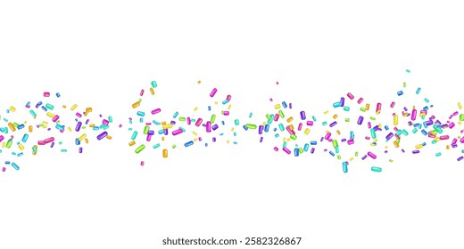 Sprinkle realistic with grains of desserts. Seamless pattern bright colorful sprinkles grainy isolated on white. Design for holiday designs, party, birthday, invitation. Vector 3d sweet confetti