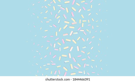 Sprinkle realistic with grains star shaped. Seamless pattern colorful sprinkles grainy of desserts isolated on blue. Design for holiday designs, party, birthday, invitation. Vector 3d sweet confetti