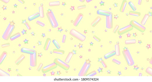 Sprinkle realistic with grains of various shapes. Seamless pattern colorful sprinkles grainy of desserts on yellow. Design for holiday designs, party, birthday, invitation. Vector 3d sweet confetti