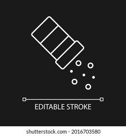 Sprinkle salt white linear icon for dark theme. Seasoning dish with pepper. Pouring condiment. Thin line customizable illustration. Isolated vector contour symbol for night mode. Editable stroke