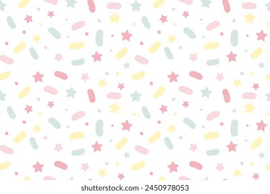 Sprinkle vector seamless pattern with stars and dots. Donut vector background. Sweet cake, confetti, candy texture. Colorful wallpaper