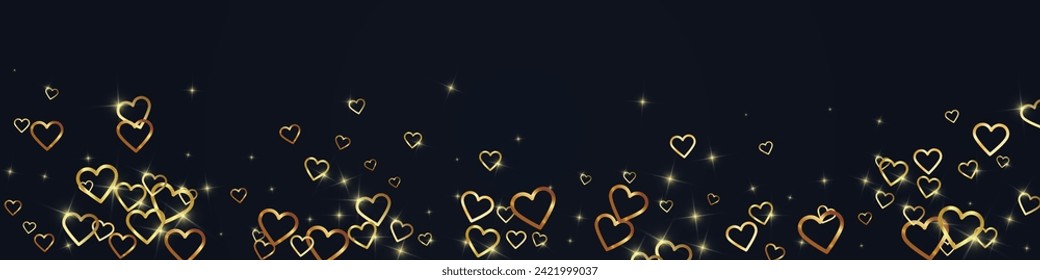 Sprinkled hearts valentine template. Gold hearts scattered on black background. Festive sprinkled hearts vector illustration.