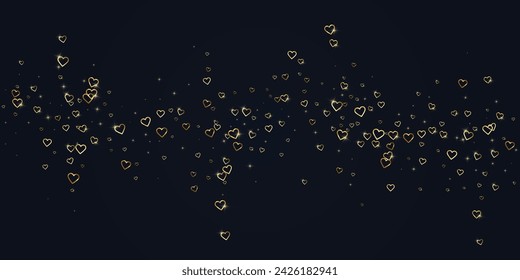 Sprinkled hearts valentine template. Gold hearts scattered on black background. Festive sprinkled hearts vector illustration.