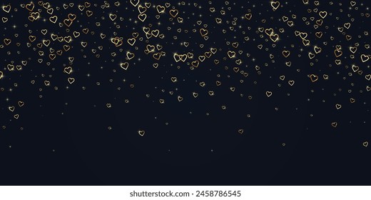 Sprinkled hearts valentine template. Gold hearts scattered on black background. Festive sprinkled hearts vector illustration.