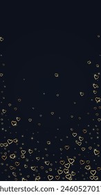 Sprinkled hearts valentine template. Gold hearts scattered on black background. Festive sprinkled hearts vector illustration.