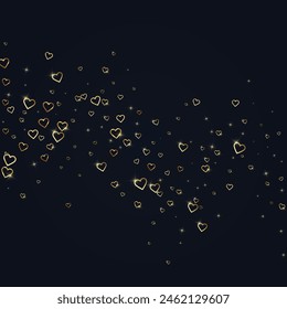 Sprinkled hearts valentine template. Gold hearts scattered on black background. Festive sprinkled hearts vector illustration.