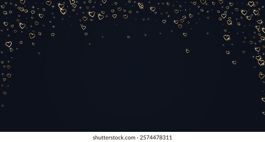 Sprinkled hearts valentine template. Gold hearts scattered on black background. Festive sprinkled hearts vector illustration.