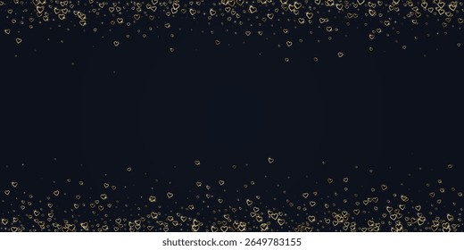 Sprinkled hearts valentine template. Gold hearts scattered on black background. Festive sprinkled hearts vector illustration.