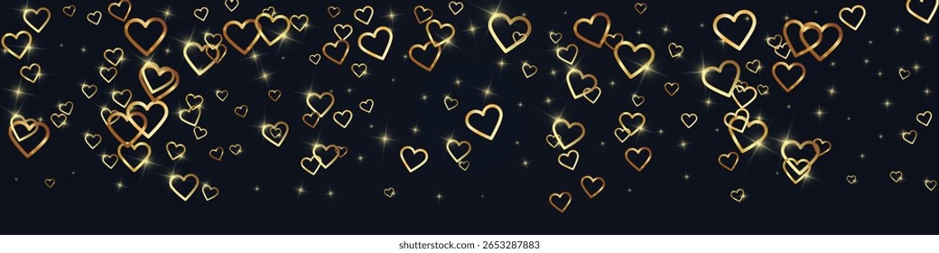 Sprinkled hearts valentine template. Gold hearts scattered on black background. Festive sprinkled hearts vector illustration.