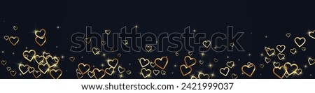 Sprinkled hearts valentine template. Gold hearts scattered on black background. Festive sprinkled hearts vector illustration.