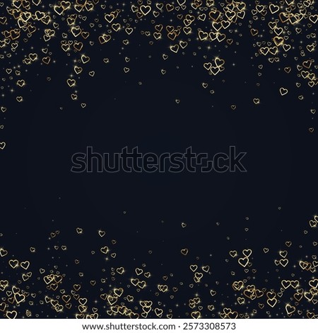 Sprinkled hearts valentine template. Gold hearts scattered on black background. Festive sprinkled hearts vector illustration.