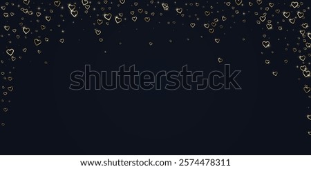 Sprinkled hearts valentine template. Gold hearts scattered on black background. Festive sprinkled hearts vector illustration.