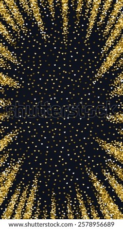 Sprinkled hearts valentine template. Gold hearts scattered on black background. Festive sprinkled hearts vector illustration.