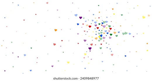 Sprinkled hearts valentine template. Rainbow colored scattered hearts. LGBT valentine card.  Festive sprinkled hearts vector illustration.