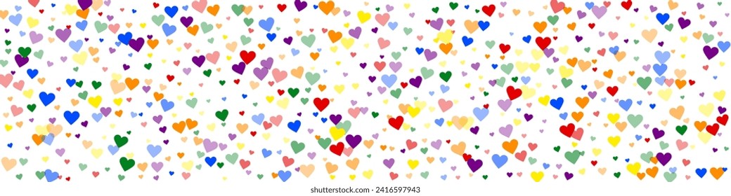 Sprinkled hearts valentine template. Rainbow colored scattered hearts. LGBT valentine card.  Festive sprinkled hearts vector illustration.