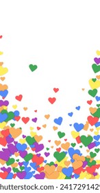 Sprinkled hearts valentine template. Rainbow colored scattered hearts. LGBT valentine card.  Festive sprinkled hearts vector illustration.