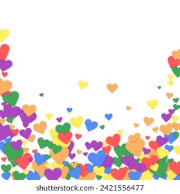 Sprinkled hearts valentine template. Rainbow colored scattered hearts. LGBT valentine card.  Festive sprinkled hearts vector illustration.