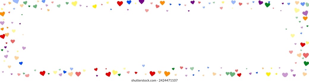 Sprinkled hearts valentine template. Rainbow colored scattered hearts. LGBT valentine card.  Festive sprinkled hearts vector illustration.