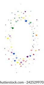 Plantilla de San Valentín de corazones rociados. Corazones dispersos de color arcoiris. Tarjeta de San Valentín LGBT.  Ilustración vectorial de corazones rociados festivos.