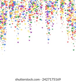 Sprinkled hearts valentine template. Rainbow colored scattered hearts. LGBT valentine card.  Festive sprinkled hearts vector illustration.