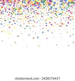 Sprinkled hearts valentine template. Rainbow colored scattered hearts. LGBT valentine card.  Festive sprinkled hearts vector illustration.