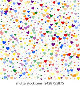 Sprinkled hearts valentine template. Rainbow colored scattered hearts. LGBT valentine card.  Festive sprinkled hearts vector illustration.