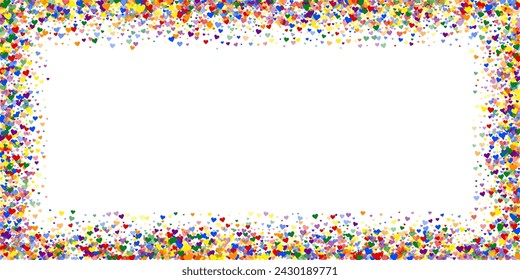 Sprinkled hearts valentine template. Rainbow colored scattered hearts. LGBT valentine card.  Festive sprinkled hearts vector illustration.