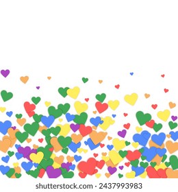 Sprinkled hearts valentine template. Rainbow colored scattered hearts. LGBT valentine card.  Festive sprinkled hearts vector illustration.