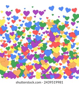 Sprinkled hearts valentine template. Rainbow colored scattered hearts. LGBT valentine card.  Festive sprinkled hearts vector illustration.