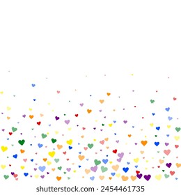 Sprinkled hearts valentine template. Rainbow colored scattered hearts. LGBT valentine card.  Festive sprinkled hearts vector illustration.