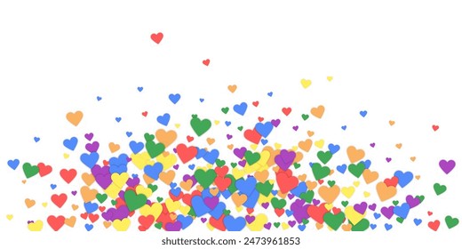 Sprinkled hearts valentine template. Rainbow colored scattered hearts. LGBT valentine card.  Festive sprinkled hearts vector illustration.