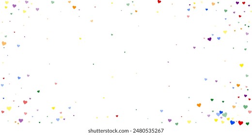 Sprinkled hearts valentine template. Rainbow colored scattered hearts. LGBT valentine card.  Festive sprinkled hearts vector illustration.