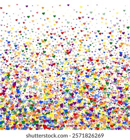 Sprinkled hearts valentine template. Rainbow colored scattered hearts. LGBT valentine card.  Festive sprinkled hearts vector illustration.