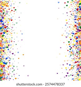 Sprinkled hearts valentine template. Rainbow colored scattered hearts. LGBT valentine card.  Festive sprinkled hearts vector illustration.