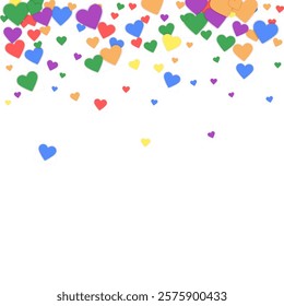 Sprinkled hearts valentine template. Rainbow colored scattered hearts. LGBT valentine card.  Festive sprinkled hearts vector illustration.