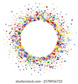 Sprinkled hearts valentine template. Rainbow colored scattered hearts. LGBT valentine card.  Festive sprinkled hearts vector illustration.