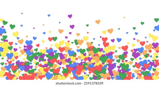 Sprinkled hearts valentine template. Rainbow colored scattered hearts. LGBT valentine card.  Festive sprinkled hearts vector illustration.