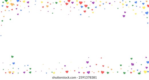 Sprinkled hearts valentine template. Rainbow colored scattered hearts. LGBT valentine card.  Festive sprinkled hearts vector illustration.