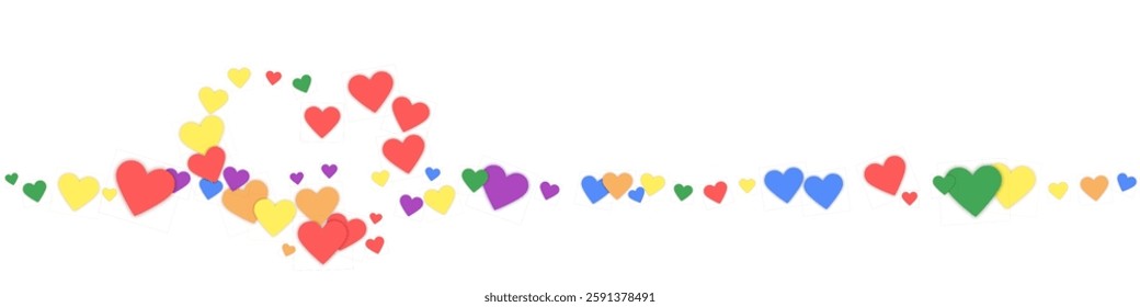 Sprinkled hearts valentine template. Rainbow colored scattered hearts. LGBT valentine card.  Festive sprinkled hearts vector illustration.