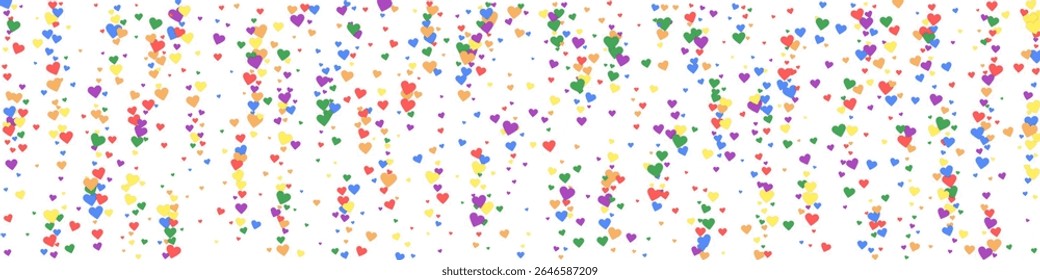 Sprinkled hearts valentine template. Rainbow colored scattered hearts. LGBT valentine card.  Festive sprinkled hearts vector illustration.