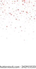 Plantilla de San Valentín de corazones rociados. Corazones rojos esparcidos sobre fondo blanco. Ilustración vectorial de corazones rociados festivos.