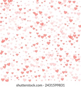 Sprinkled hearts valentine template. Red hearts scattered on white background. Festive sprinkled hearts vector illustration.