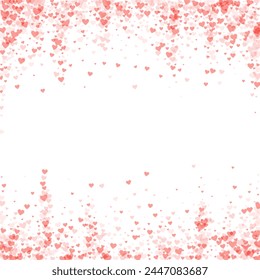 Sprinkled hearts valentine template. Red hearts scattered on white background. Festive sprinkled hearts vector illustration.